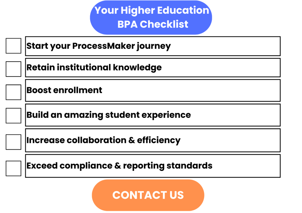 A checklist CTA listing different capabilities with higher education and bpa