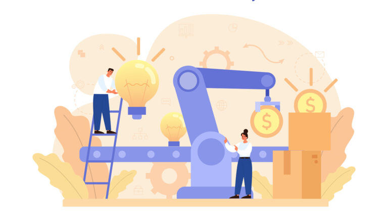 Business conveyor concept. Idea of business development and coordination. Business project planning, optimization and streamlining. Effective team work. Isolated flat vector illustration