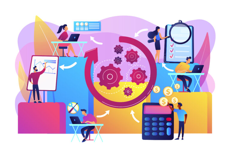 Workforce organization and management. Workflow processes, workflow process design and automation, boost your office productivity concept. Bright vibrant violet vector isolated illustration