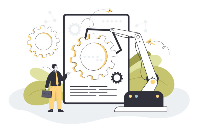 Man and digital era algorithm of AI. Social system of 21st century and workforce challenge flat vector illustration. Smart business process, human resources automation, artificial intelligence concept